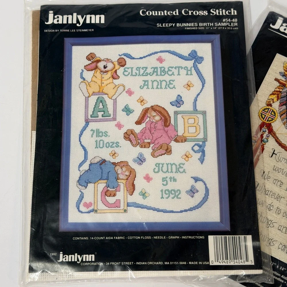 Janlynn Counted Cross Stitch Kits Sleepy Bunnies Birth Sampler & Web of Life 2pk
